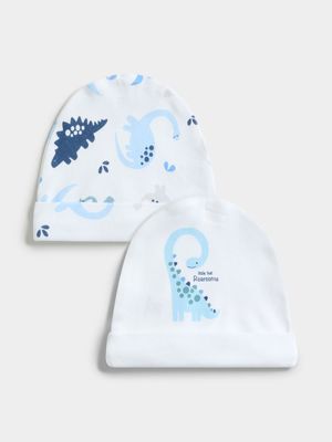Jet Infant Boys 2 Pack Roarsome Dino Beanie Infants Headwear White