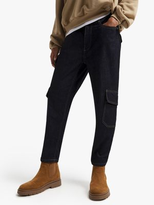 Men's Blue Raw Wash Tapered Utility Jeans