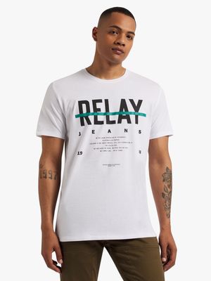 Relay Jeans Men's Slim Fit Bold Strikethrough Graphic White T-Shirt