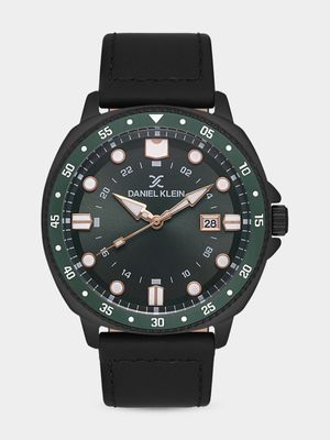 Daniel Klein Black & Green Plated Black Dial Black Leather Watch