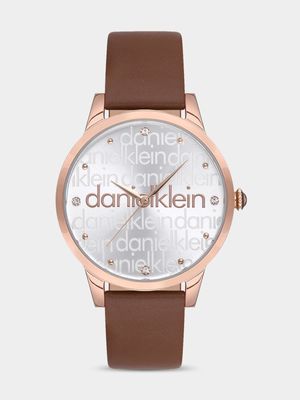 Daniel Klein Rose Plated Silver Tone Dial Brown Leather Watch