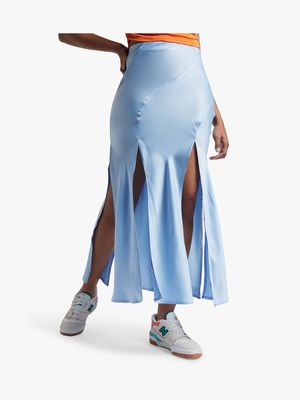 Women's Blue Satin Skirt With Slits