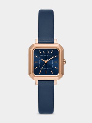 Armani Exchange Rose Plated Stainless Steel Octagonal Blue Leather Watch