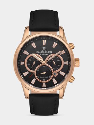 Daniel Klein Rose Plated Black Leather Chronographic Watch