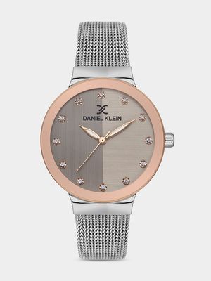 Daniel Klein Rose Plated Grey Dial Stainless Steel Mesh Watch