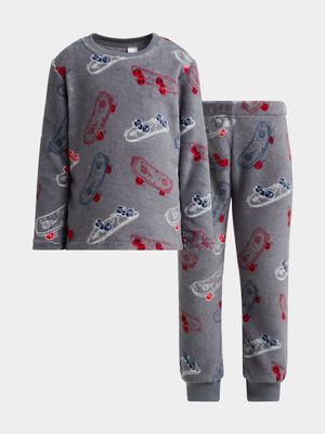 Jet Younger Boys Cars Grey All Over Print Coral Fleece Sleepwear Set