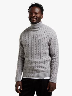 Jet Mens Grey Cable Knit Poloneck