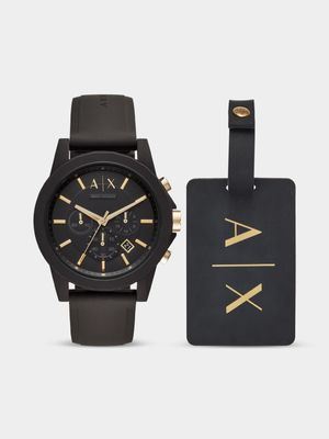 Armani Exchange Black Silicone Chronograph Watch & Luggage Tag Set