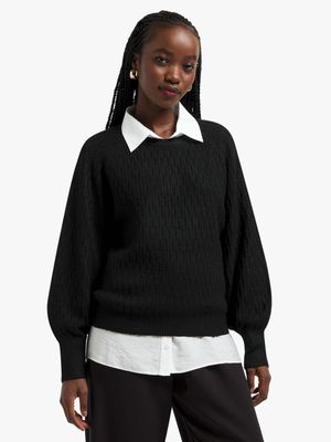 Women's Black Textured Knit Jersey
