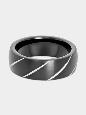 Stainless Steel Black 2-Tone Diagonal Stripe Ring