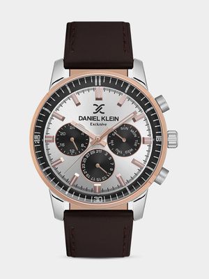 Daniel Klein Rose Plated Brown Leather Chronographic Watch
