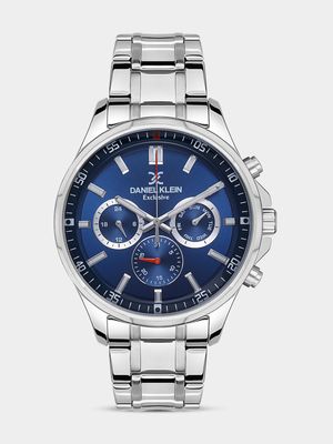 Daniel Klein Silver Plated Blue Dial Chronographic Stainless Steel Bracelet Watch