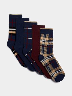 Men's Markham 5 Pack Check Burgundy/Navy Socks