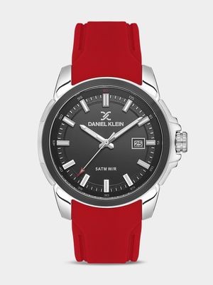 Daniel Klein Silver & Black Plated Black Dial Red Silicone Watch