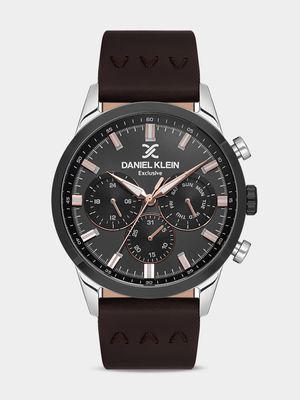Daniel Klein Black Plated Brown Leather Chronographic Watch