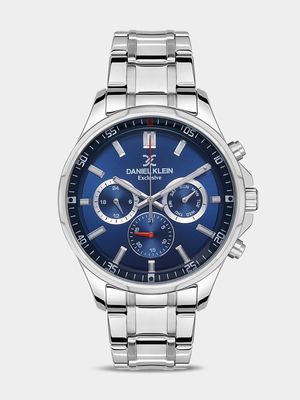 Daniel Klein Silver Plated Blue Dial Chronographic Stainless Steel Bracelet Watch