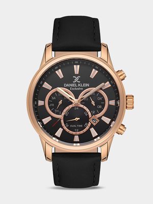 Daniel Klein Rose Plated Black Leather Chronographic Watch