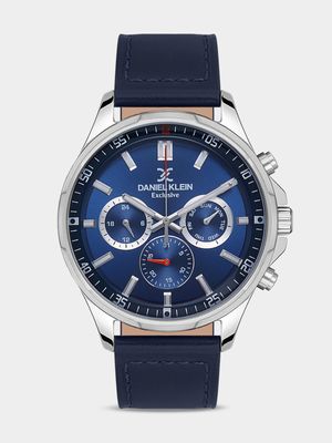 Daniel Klein Silver Plated Blue Leather Chronographic Watch