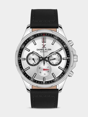 Daniel Klein Silver Plated Black Leather Chronographic Watch