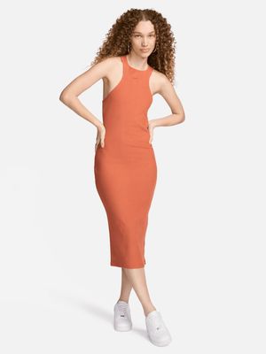 Nike Women's Chill Knit Slim Sleeveless Ribbed Midi Orange Dress