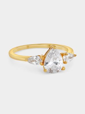 Gold Plated Sterling Silver Cubic Zirconia Pear Trilogy Ring