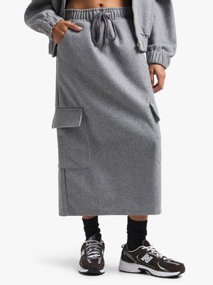Women's Grey Melton Midi Skirt With Pockets