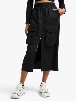 Women's Black Front Zip Up Midi Skirt