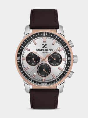 Daniel Klein Rose Plated Brown Leather Chronographic Watch
