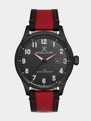 Daniel Klein Black Plated Red & Black Leather Watch