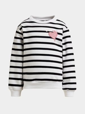 Younger Girl's Black & White Striped Sweat Top