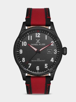 Daniel Klein Black Plated Red & Black Leather Watch