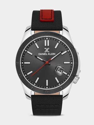 Daniel Klein Silver & Black Plated Black Leather Watch