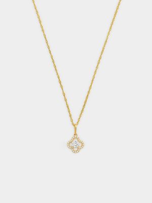Yellow Gold Cubic Zirconia Clover Pendant  on a chain