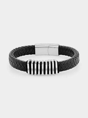 Stainless Steel Black Synthetic Leather Multiple Bar Bracelet