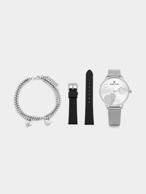 Daniel Klein Silver Plated Mesh Watch, Black Leather Watch Strap & Bracelet Gift Set