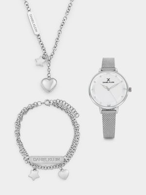Daniel Klein Silver Plated Mesh Watch, Heart Bracelet & Chain Gift Set