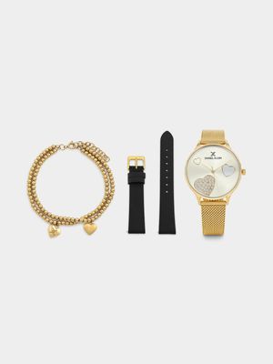 Daniel Klein Gold Plated Mesh Watch, Black Leather Strap & Bracelet Gift Set