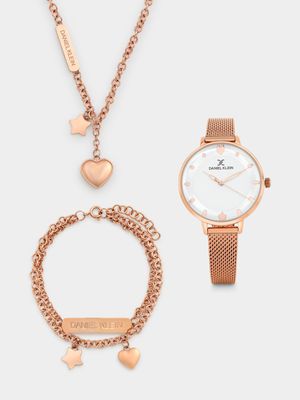 Daniel Klein Rose Plated Mesh Watch, Heart Bracelet & Chain Gift Set