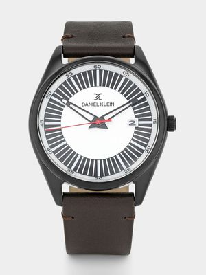 Daniel Klein Black Plated Black & Silver Tone Dial Brown Leather Watch