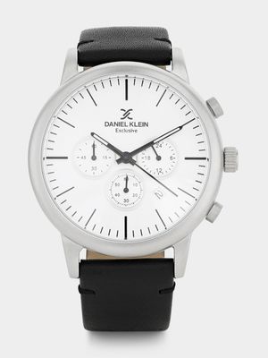 Daniel Klein Silver Plated White Dial Black Leather Chronographic Watch