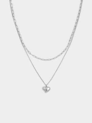 Sterling Silver Heart Pendant Paperclip Layer Necklace