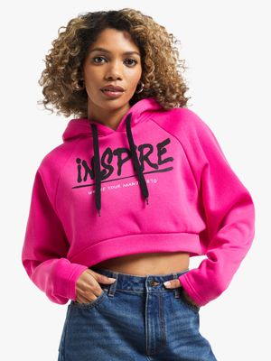 Women's Pink Cropped Graphic Print Hoodie
