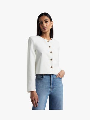 Cropped Collarless Button Blazer