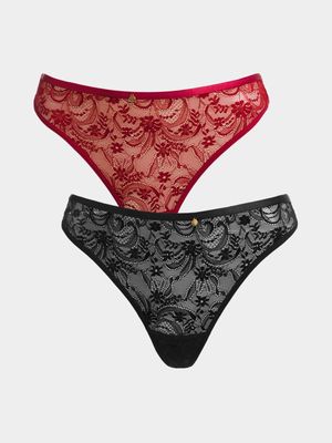 Jet Women's Red/Black 2 Pack Lace Thong
