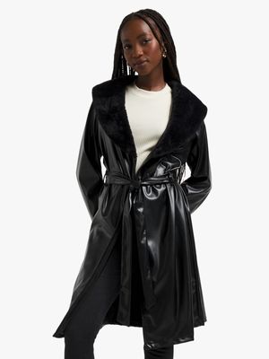 Jet Women's Black Faux Fur Trench Coat