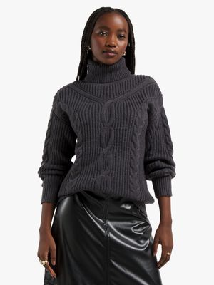 Jet Women's Charcoal Rollneck Cable Knit Jersey