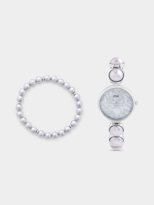MX Silver Plated Grey Mother Of Pearl Dial Watch & Bracelet Set