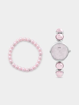 MX Silver Plated Pink Mother Of Pearl Dial Watch & Bracelet Set