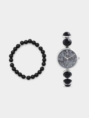 MX Silver Plated Black Mother Of Pearl Dial Watch & Bracelet Set