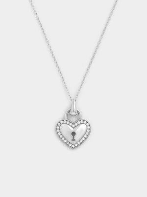 Sterling Silver Cubic Zirconia Heart Lock Pendant